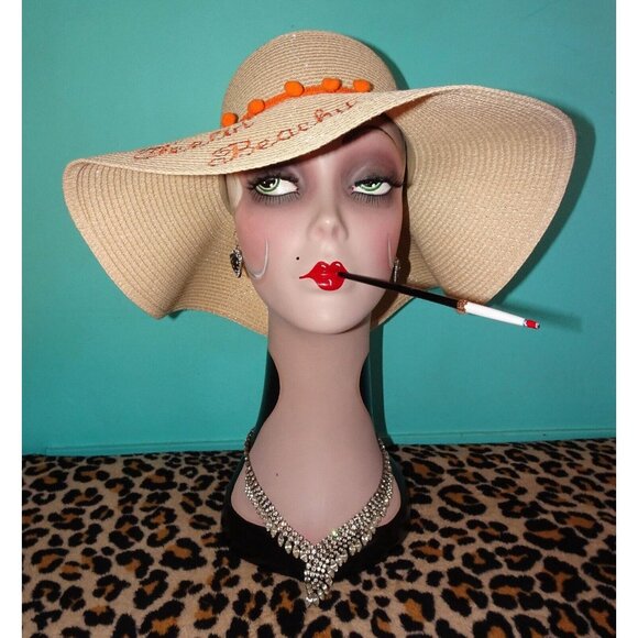 Vintage Feelin' Beachy Ivory Woven Sun Hat with orange pom pom fringe pinup - Picture 5 of 13